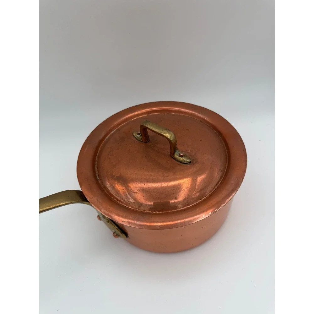 Vintage Copral Copper Saucepan with Lid Made in Portugal Brass Handle 7 inch
